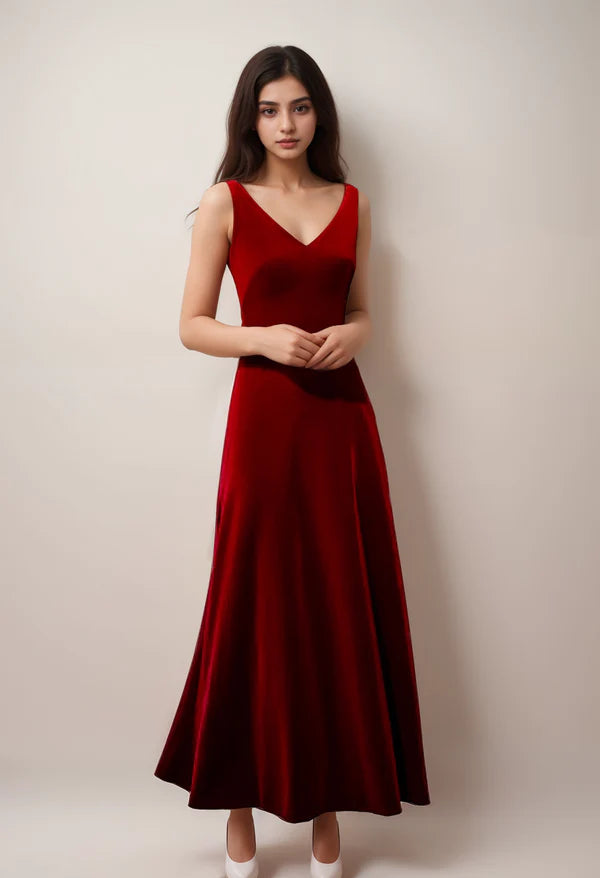 Women's Weekend Outfit Break Fashion Norms Elegant V-neck low back Sleeveless Hepburn Style long Velvet Dress