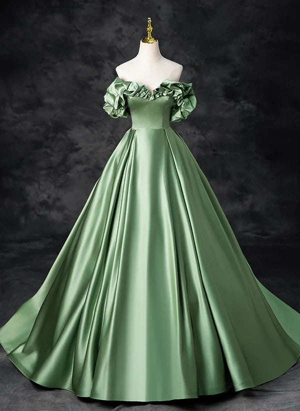 Women's Stylish Professional Garments Trend Leading Collection Green Satin Off Shoulder Long Party Dress A-line Green Prom Dress Quinceanera Dress