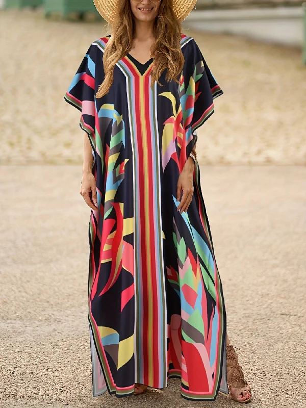 Women's Stylish Casual Garments Special Offer For You Stunning Allover Print V-Neck Kaftan Maxi Dress - Elegant Batwing Sleeve, Loose Fit, Flowy, Comfortable, Versatile, and Chic - Women's Clothing for Summer, Vacation, and Daily Wear