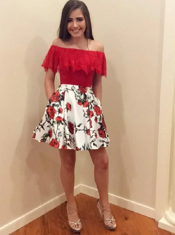 Fashionable Women's Clothes Seasonal Sale Ruffles Off the Shoulder Floral Print Homecoming Party Dress With Pockets OM173