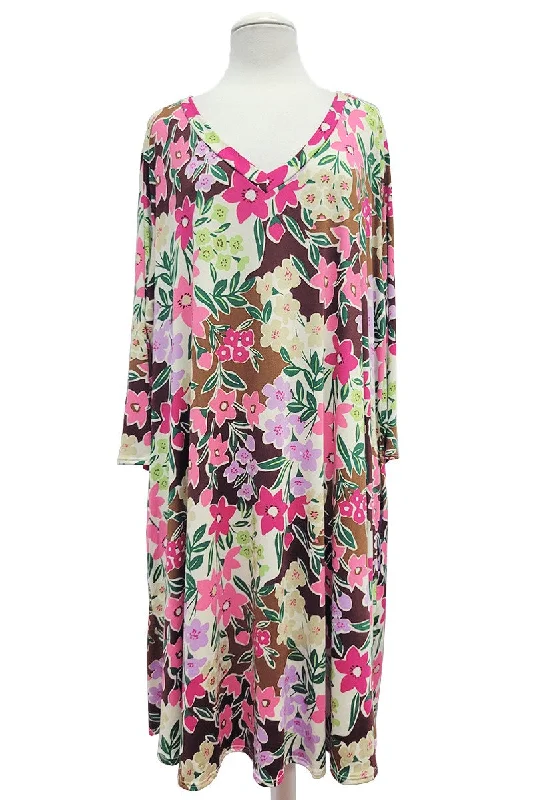 Plus-Size Women's Clothing Comfortable Clothes Brown Pink Floral V Neck Dress 3Qtr Sleeves