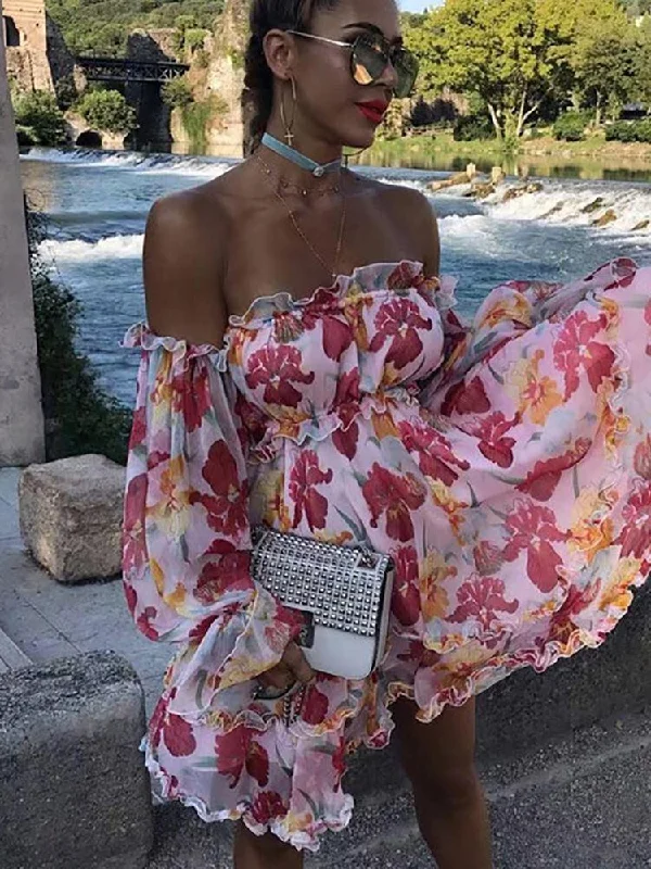 Women's Formal Event Attire Flash Sale Now Off Shoulder Floral Print Mini Sundress