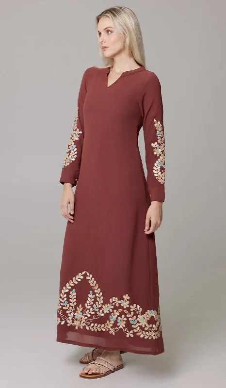 Women's Travel Attire Season Transition Versatile Wear Clearance Meraj Gold Embellished Modest Long Maxi Dress - Brick - PREORDER (ships in 2 weeks)