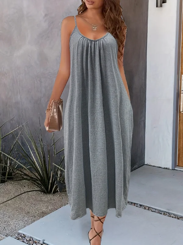 Women's Trendy Clothing Fashion For Every Occasion IKEARLAX Charming Solid Pocketed Spaghetti Strap Maxi Dress - Lightweight & Flowy Summer Cami Style - Adjustable Straps for Versatile Wear - Perfect Casual or Formal Womens Clothing