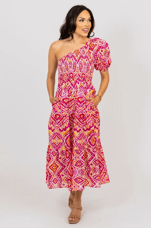 Women's Transitional Apparel Catch Every Fashion Trend Tribal Smock One Shoulder Maxi Dress