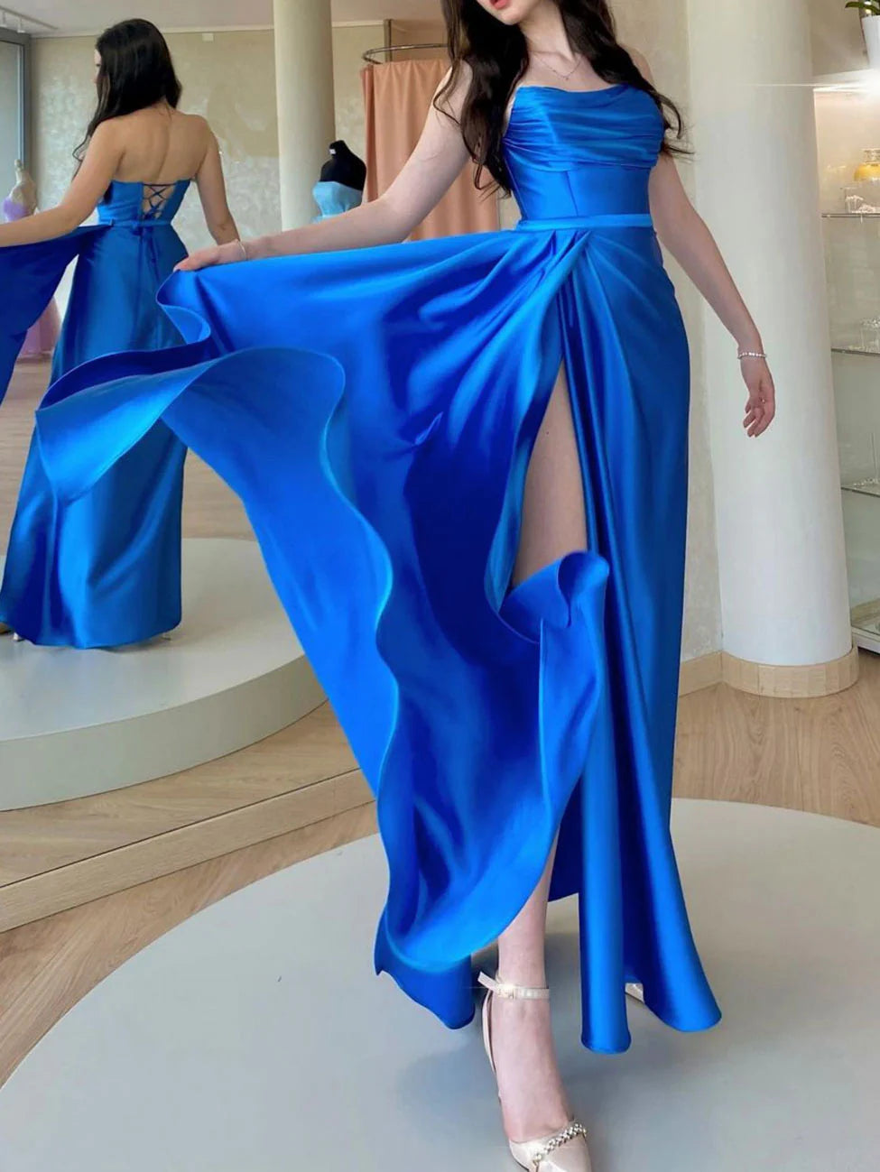 Women's Occasion Wear Clothes Chic Sophistication Amzcw Simple blue satin long prom dress blue formal party dress prom dresses shops