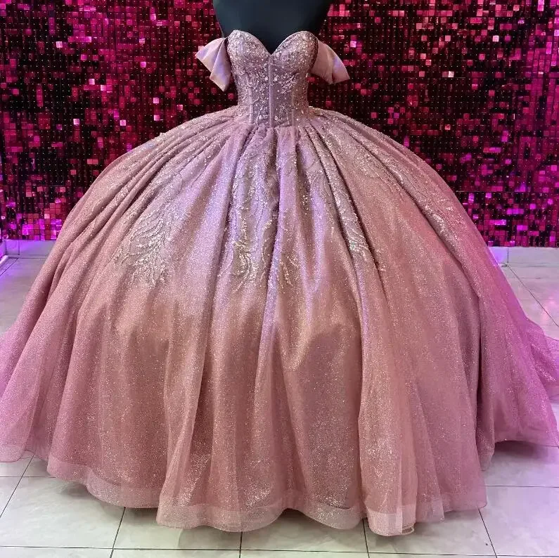 Comfortable Outfit For Women Sale Event, Prices Rock Rose Pink Shiny Quinceanera Dresses Beads Crystal Tull Sweethear Princess Sweet 15 16 Year Birthday Party Gown Gift