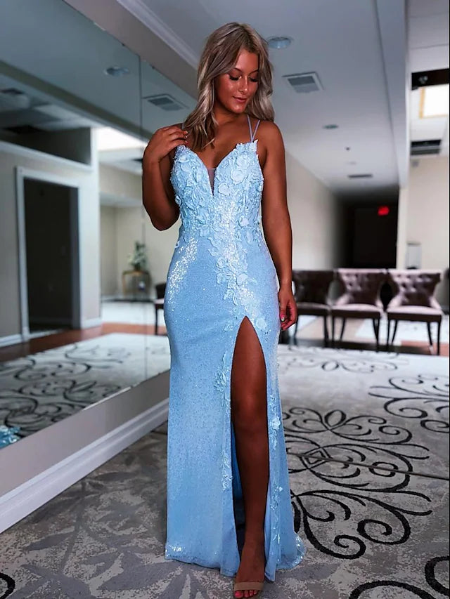 Women's Trendy Attire Holiday Glam Prom Dresses Sexy Dress Formal Sleeveless V Neck Sequined Backless with Sequin Appliques