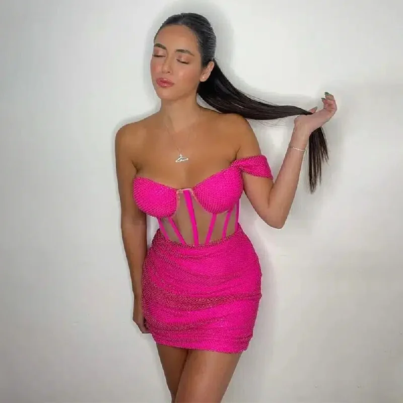 Women's Cozy Outfit For Lounging Vintage Style Clothing Sale Sexy Cocktail Dress Hot Pink Off the Shoulder Sweetheart Luxury Cocktail Gowns for Women Sparkle Crystal Party Dresses Mini