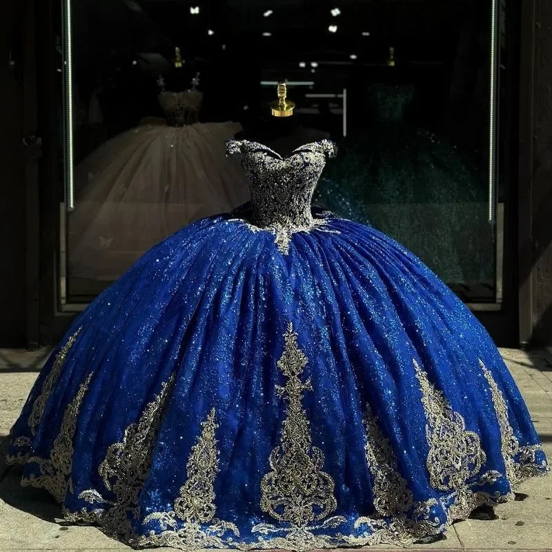 Women's Clothes And Garments Trend Leading Collection Sparkly Navy Blue Quinceanera Dresses Golden Appliques Off The Shoulder Tull Ball Gown Vestidos De 15 Anos customized