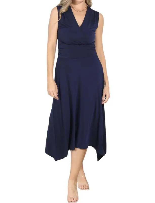 Women's Seasonal Clothing Snag Fabulous Fashion Bargains Sleeveless Surplice Asymmetrical Midi Dress In Navy