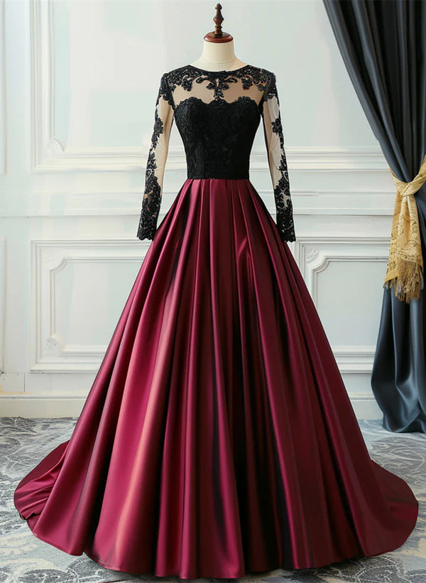 Women's Stylish Casual Garments Premium Quality Garments A-Line Ballgown Wine Red Satin with Black Lace Long Sleeves Prom Dress Formal Dress