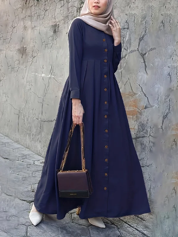 Women's Transitional Garments Insane Discount Onslaught Elegant Puff Sleeve Maxi Dress - Ruched Button Detail - Versatile for Ramadan & Special Occasions - Women's Fashion