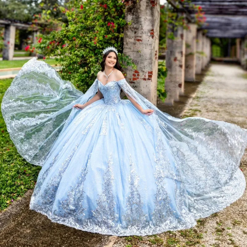 Women's Festive Attire Trendy Urban Attire Sky Blue Princess Vestidos De 15 Quinceañera Shinning Beads Appliques Off Shoulder Ball Gown Vestido De Princesas Customized