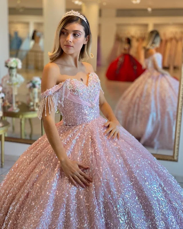 Women's Clothes For Outdoor Events Shop Sale Items Pink Princess Quinceanera Dresses Ball Gown Off The Shoulder Sequins Pearls Sweet 16 Dresses 15 Años Custom