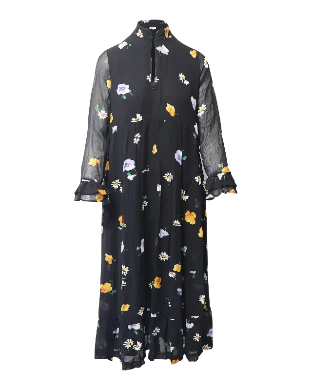 Women's Clothing Trendy New Clothes Ganni The Kate Tiered Midi Dress in Black Print Viscose