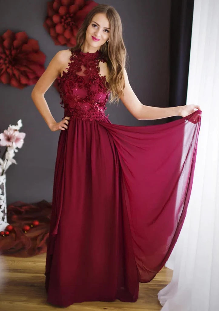 Women's Resort Garments Latest Fashion Chiffon A-Line Sleeveless High Neck Overskirt Wine Red Long Prom Dress, Lace