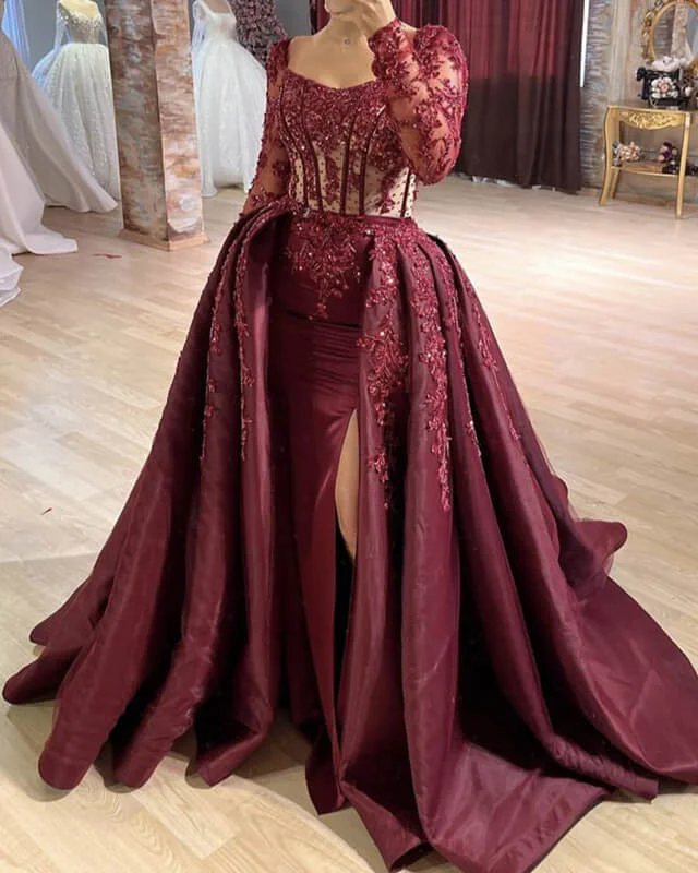 Casual Apparel For Women End-Of-Season Clearance Burgundy Mermaid Sheer Lace Sleeve Satin Split Dress Ballgown Prom Dresses