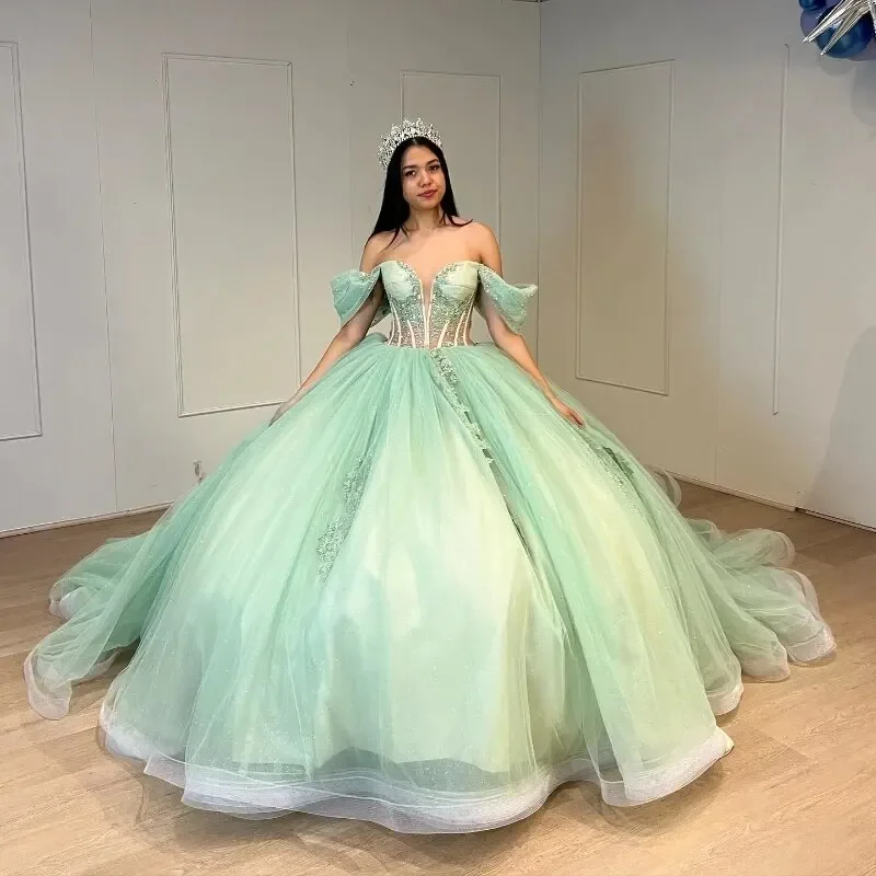 Women's Holiday Outfit Seasonal Clearance Sage Green Quinceanera Dresses Ball Gown Off Shoulder Applique Lace Beads Puffy Sweet 16 Dress Celebrity Party Gowns Graduation