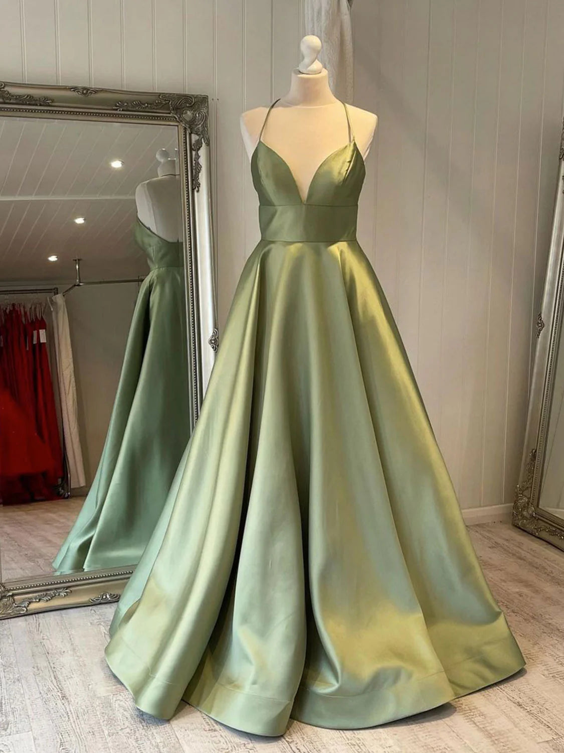 Affordable Women's Clothes Hot Trends Amzcw Simple v neck green satin long prom dress green evening dress formal wear dresses