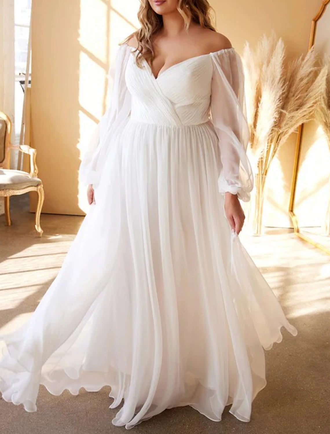 Women's Casual Wear Clothing Break Fashion Norms Beach Simple Wedding Dresses A-Line Off Shoulder Long Sleeve Floor Length Chiffon Bridal Gowns With Pleats Solid Color Summer Wedding Party