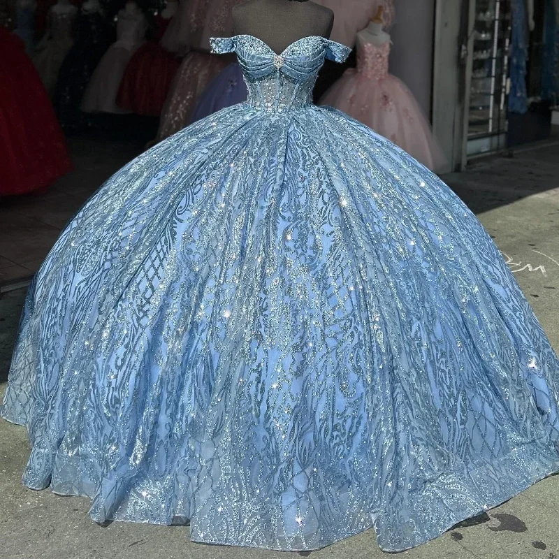 Women's Active Garments For Workouts Fashion Sale Sparkly Sky Blue Princess Quinceanera Dresses Off Shoulder Ball Gown Glitter Appliques Lace Crystals Beads Tull Sweet 15th Dress