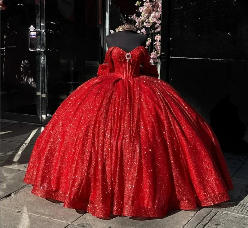 Women's Casual Attire Women's Fashion Hotspots Shinning Red Ball Gown Quinceanera Dress Off The Shoulder Mexican Sweet 16 Dress Princess Lace-up Vestido De 15 Años