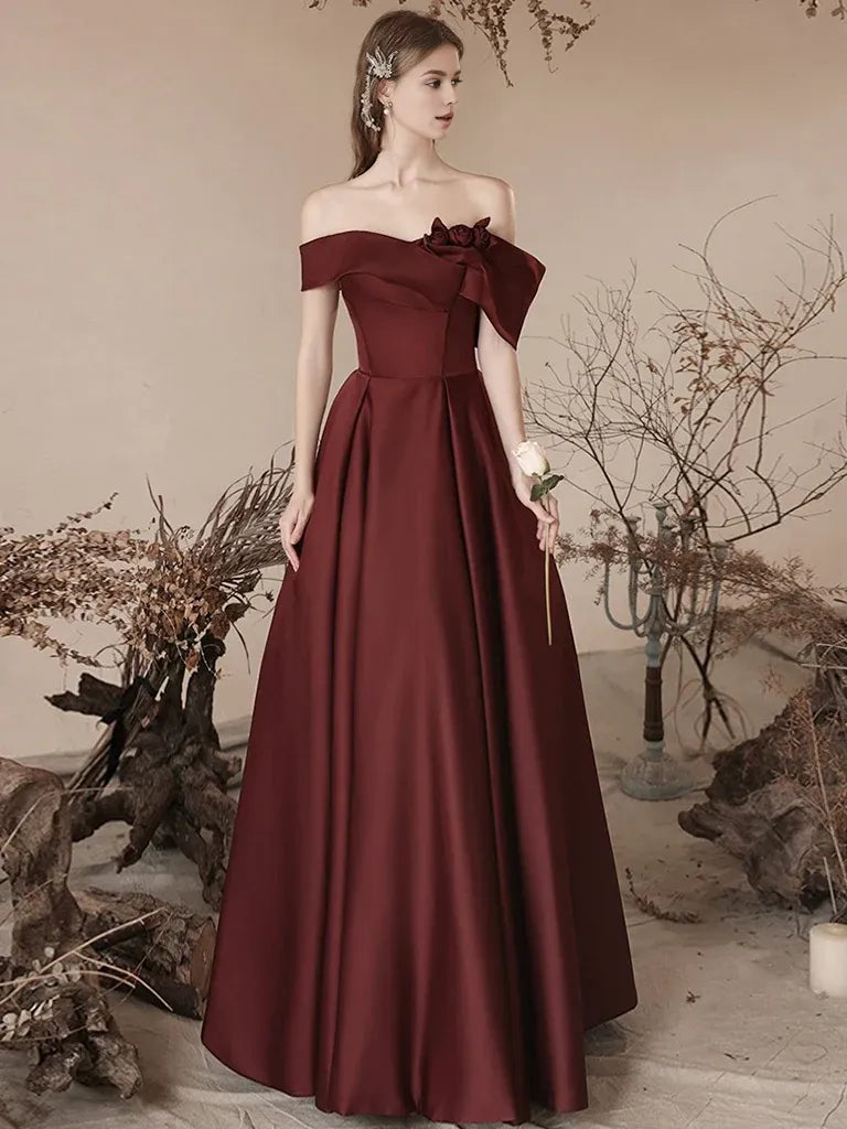 Women's Evening Wear Outfit Feminine Soft - Hued Styles Amzcw A-Line Off Shoulder Satin Burgundy Long Prom Dress Burgundy Long Formal Dress prom dresses shops