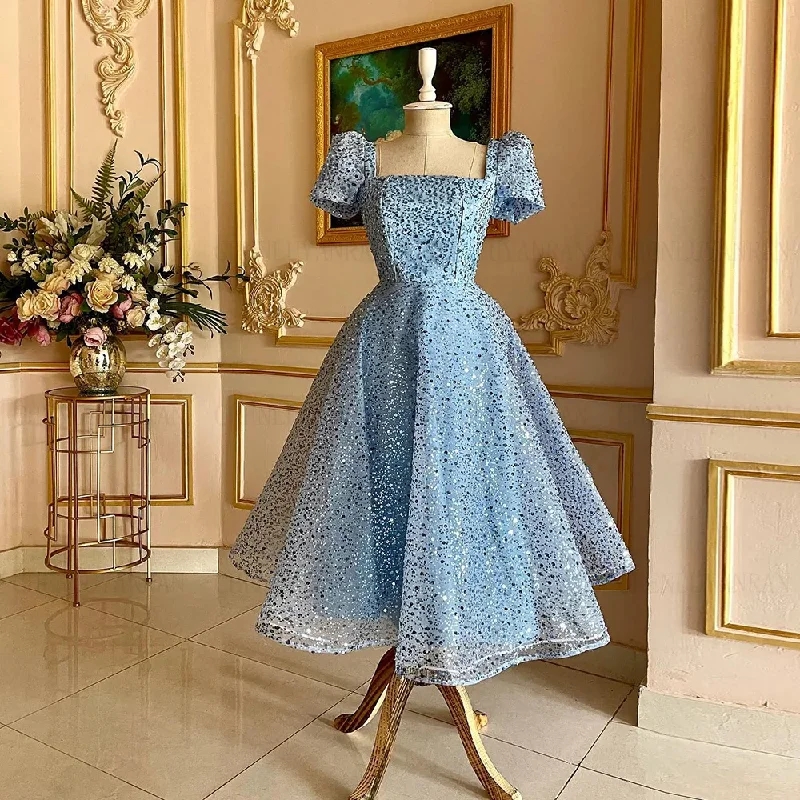 Women's Cozy Winter Attire Trend Driven Wardrobe Sky Blue Formal Occasion Dresses Shinny Short Sleeves A-line Party Dress Exquisite Sequin Evening Gowns