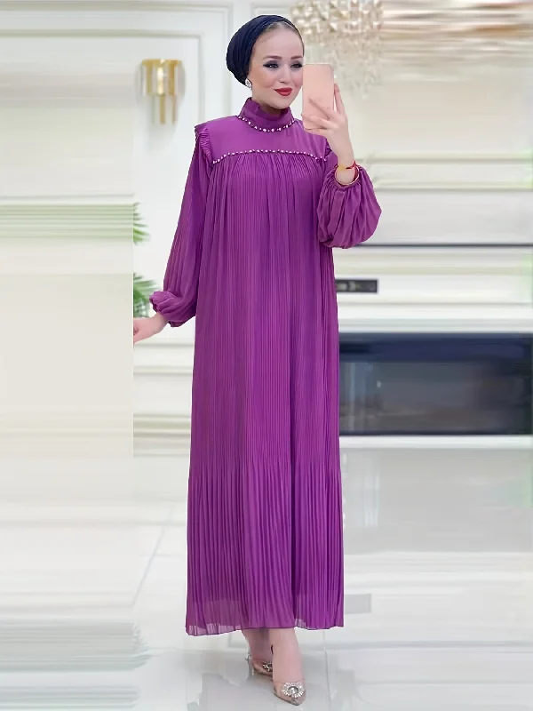 Women's Workout Garments Trendy Aesthetics Sparkling Ramadan Elegance - Rhinestoned Pleated Mock Neck Maxi Dress with Adjustable Tie Waist and Lantern Sleeves - A Modest, Timeless Choice for Women