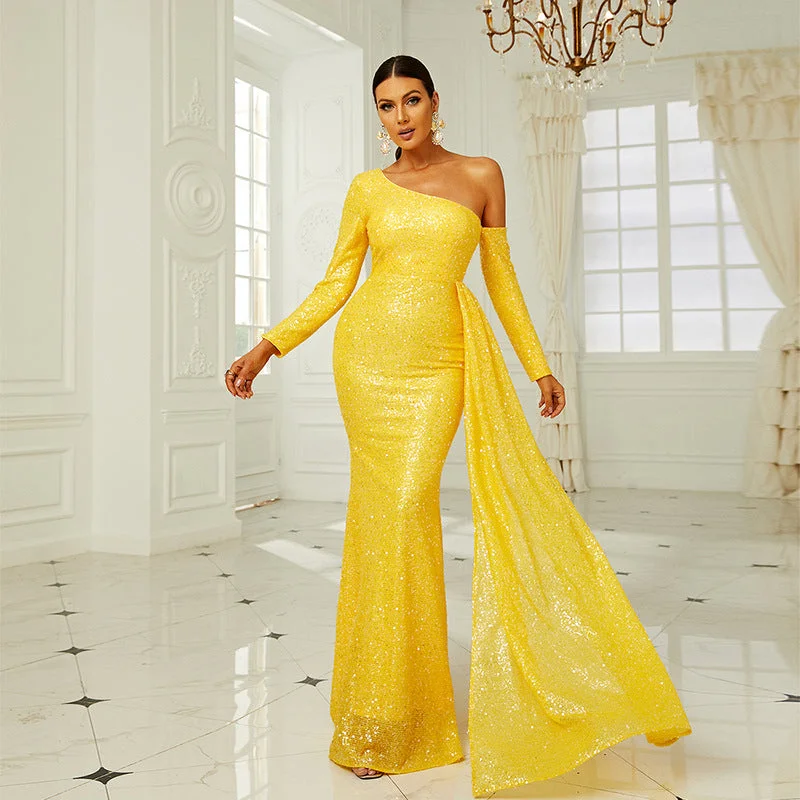 Women's Evening Wear Outfit New Season Fashion Preview Europe Plus Size One Shoulder Puffy Sequin Prom Gowns Luxury Clothes Woman Trumpet Mermaid Yellow Party Evening Dress