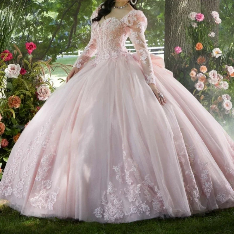 Comfortable Women's Clothing Brand Name Clothing Discount Extravaganza Pink Sweetheart Quinceanera Dress Long Sleeves Applique Lace Beads Sweep Train Sweet 15 Party Dress Gown robes de soiree 15