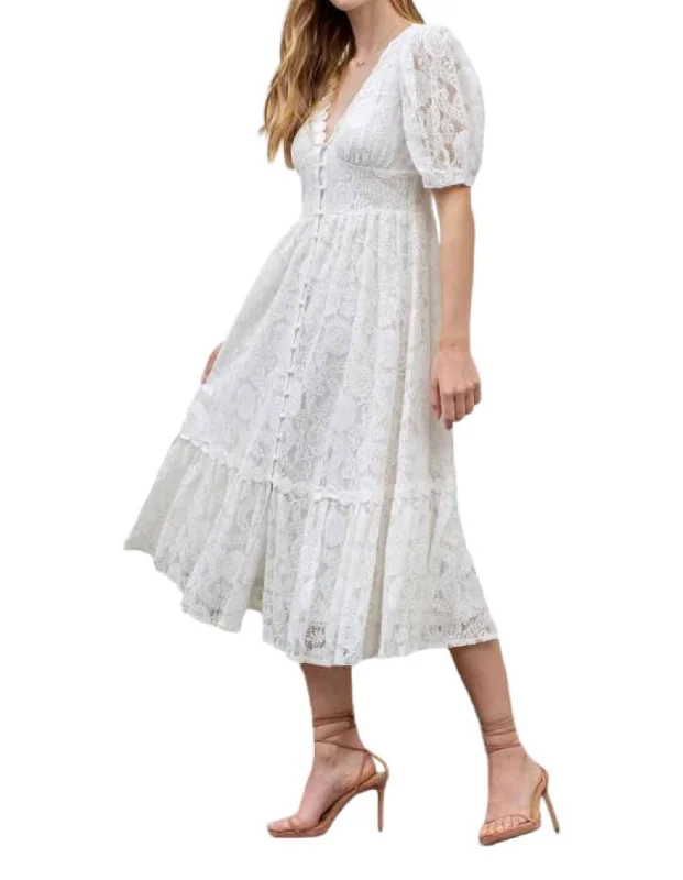 Affordable Women's Clothing Seasonal Clearance Lace Detail Midi Dress In White