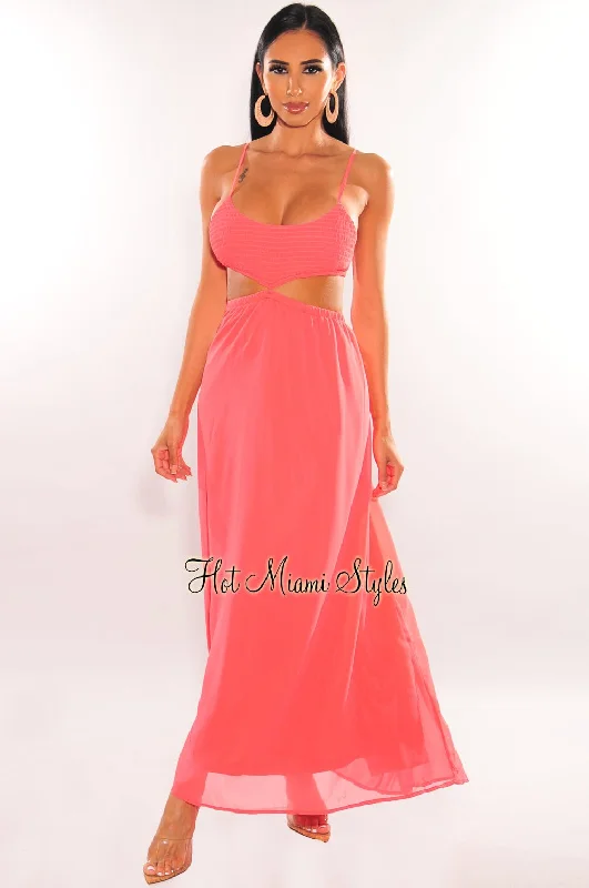 Women's Apparel And Garments Flash Sale, Don'T Miss Neon Coral Smocked Spaghetti Straps Cut Out Maxi Dress