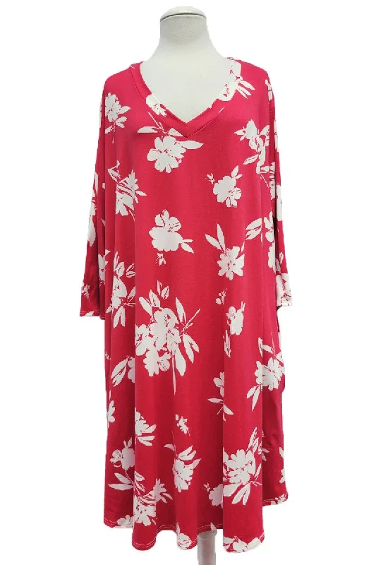 Vintage Clothing For Women Casual Fashion Red 3Qtr V Neck Flower Floral Print Dress w Pockets