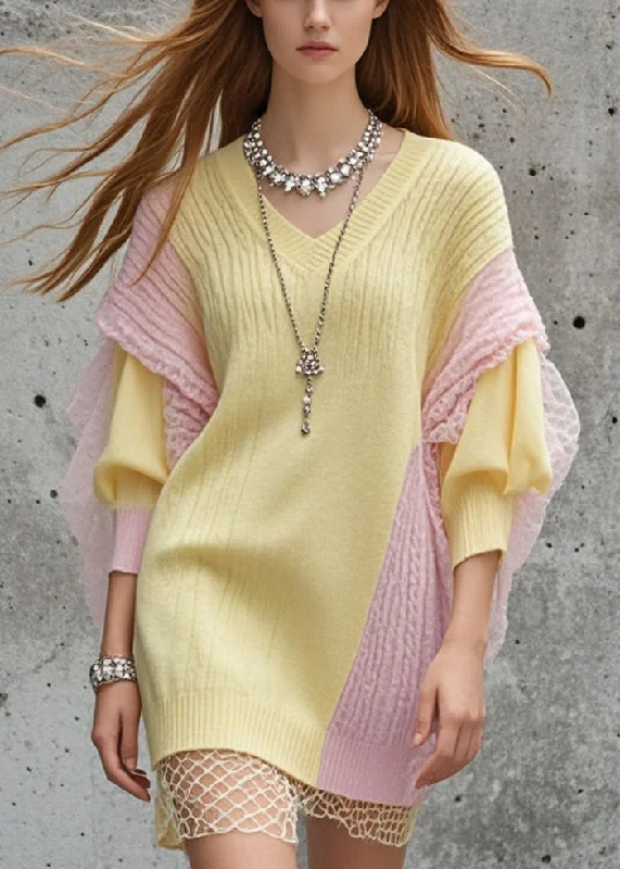 Women's Evening Clothing Ethnic Cultural Event Wear Boutique Yellow Asymmetrical Patchwork Tulle Sweater Dress Fall