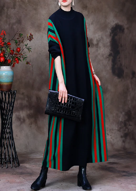 Women's Party Outfit Celebrate With Big Savings Fitted Black Turtleneck Striped Patchwork Knit Long Sweater Dress Long Sleeve