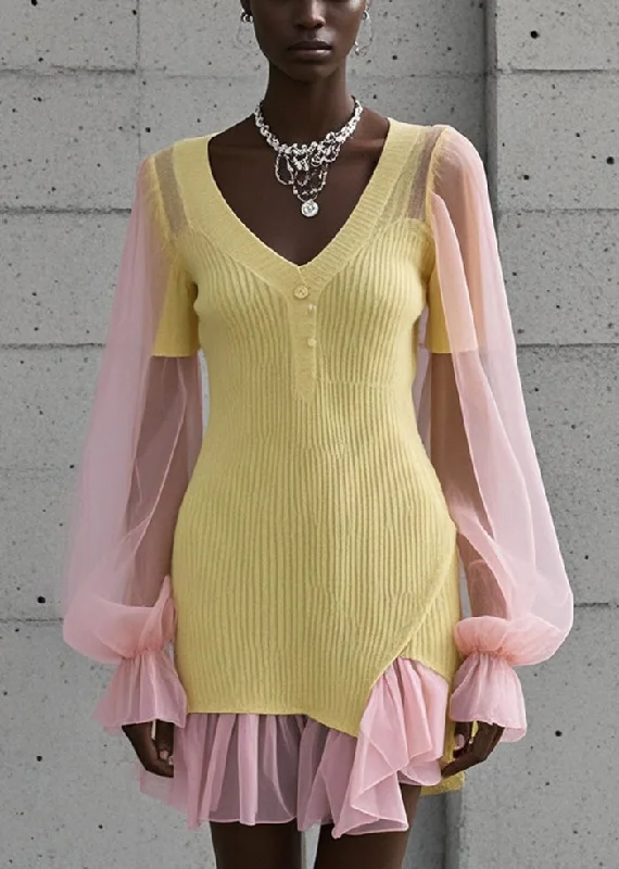 Women's Holiday Apparel Elegant Styles Boutique Yellow V Neck Patchwork Tulle Knit Mini Dress Fall