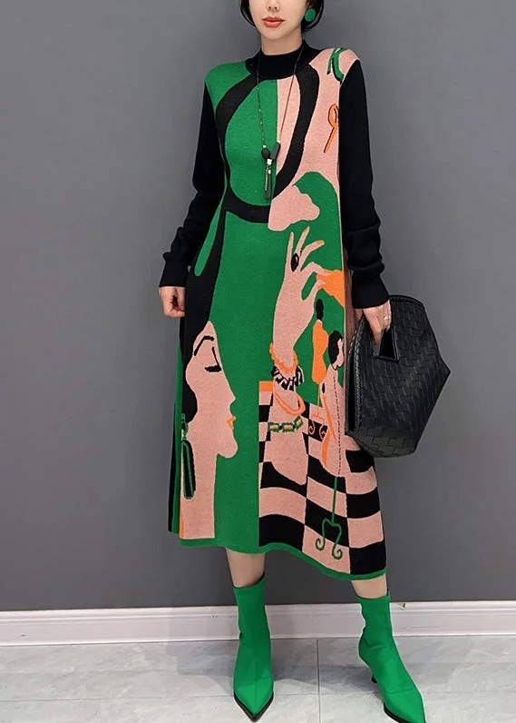 Women's Tops And Clothing Save On Classic Elegant Styles Vogue Green O-Neck Print Knit Maxi Dress Fall