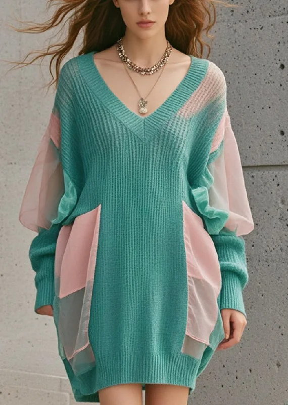 Casual Clothing For Women Dreamy Draping Boho Green Oversized Patchwork Tulle Long Sweater Fall