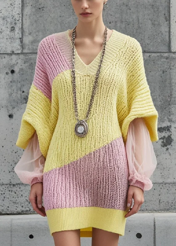 Women's Clothes For Special Occasions Feminine Charm Yellow Patchwork Tulle Sweater Dress V Neck Batwing Sleeve