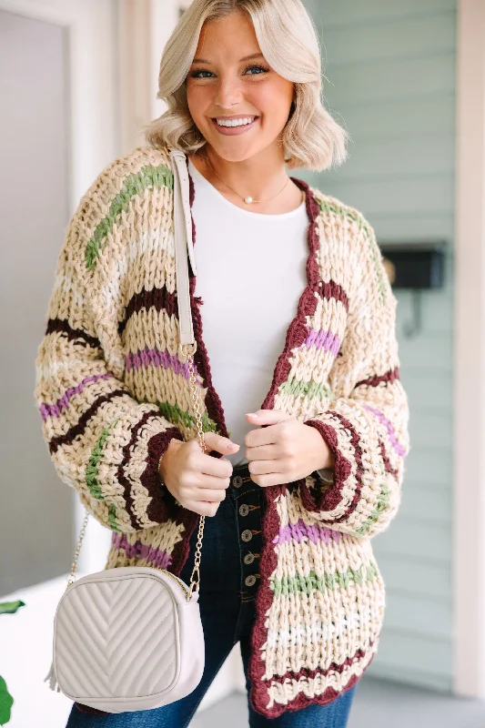 Casual Chic Clothing For Women Luxury Comfort Open To Love Taupe Brown Striped Cardigan