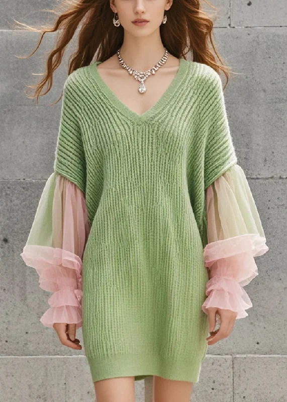 Women's Elegant Clothes Feminine Elegance Organic Grass Green V Neck Patchwork Tulle Knit Dress Lantern Sleeve