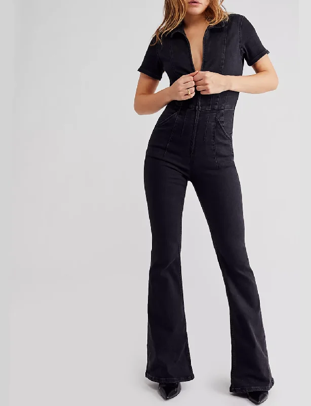 Women's Plus-Size Attire Effortless Comfort Jayde Flare Jumpsuit, Black Mamba