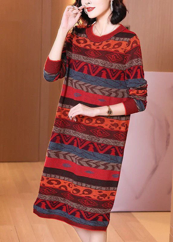 Women's Classic Outfit Stylish Looks Style Red O-Neck Striped Thick Long Knit Dress Long Sleeve