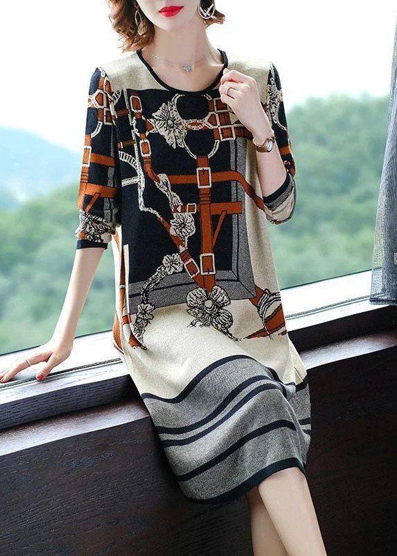 Women's Clothing Outfit Set Special Occasion Wear Modern Beige O-Neck Print Knit Sweater Dress Long Sleeve