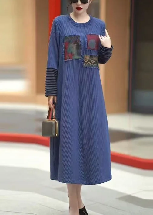 Women's Travel Garments Unbeatable Prices New Blue O Neck Patchwork Knit Long Dress Winter