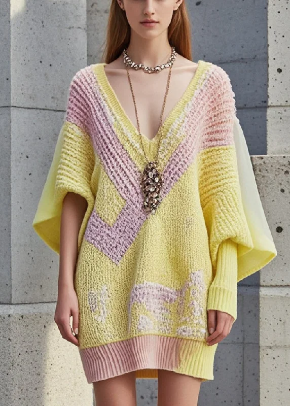 Women's High-Fashion Clothes Soft Textures Women Yellow Asymmetrical Patchwork Long Knit Dress Fall