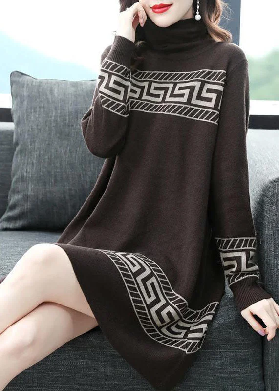 Women's Active Outfit For Fitness Seasonal Trends Chocolate Print Long A Line Dress Turtle Neck Long Sleeve