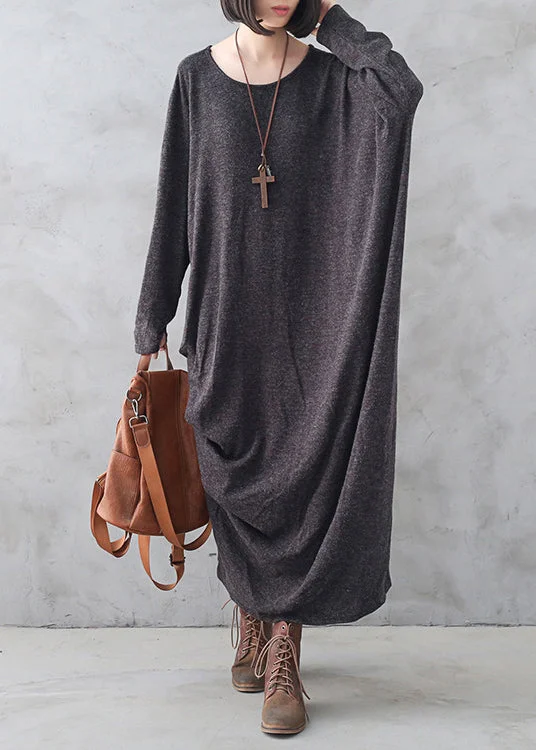 Women's Clothing For Casual Outings Flash Sale Bohemian Dark Grey O-Neck Asymmetrical Wool Knit Maxi Sweater Dress Fall